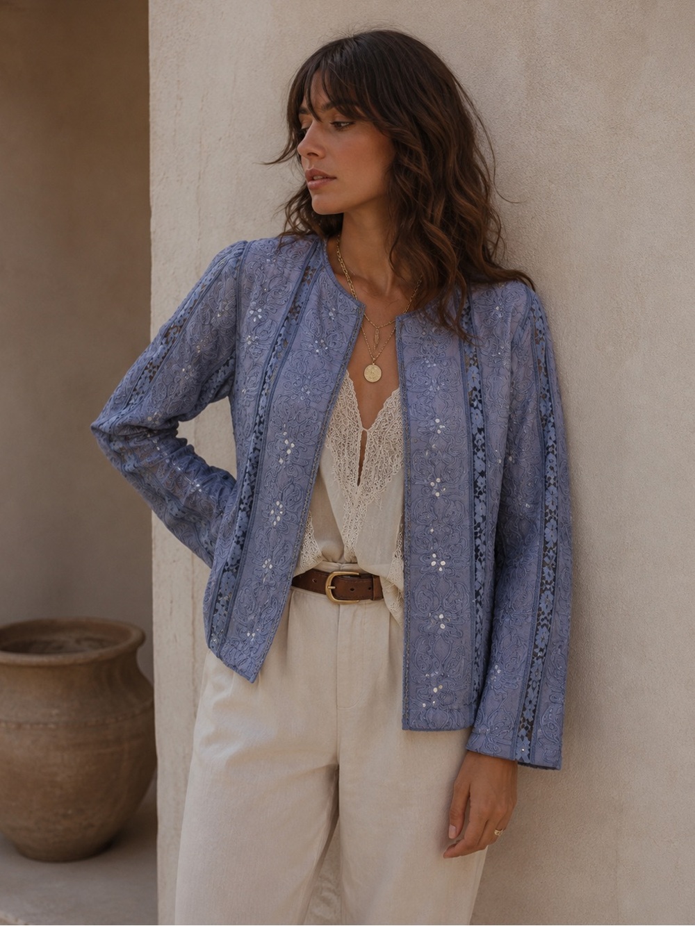 Parsley & Sage Blue Lace Jacket Medium Boho Sequin Open Front Artsy Lagenlook